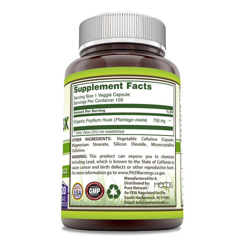 Pure Naturals Psyllium Husk Supplement | 750 Mg Per Serving | Veggie Capsules | Non-GMO | Gluten-Free | Made in USA (120 Count)