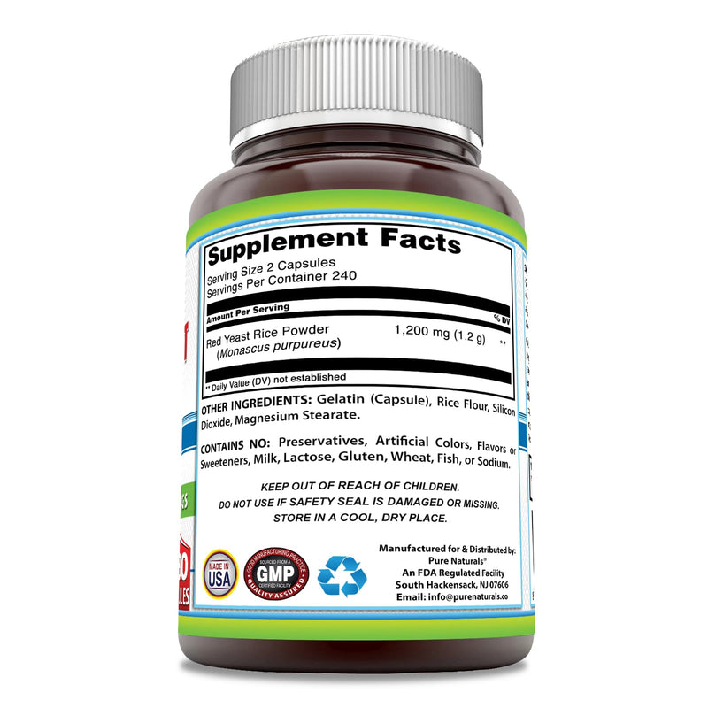 Pure Naturals Red Yeast Rice 1200 mg per Serving – 480 Capsules | Non-GMO, Gluten Free, Made in USA