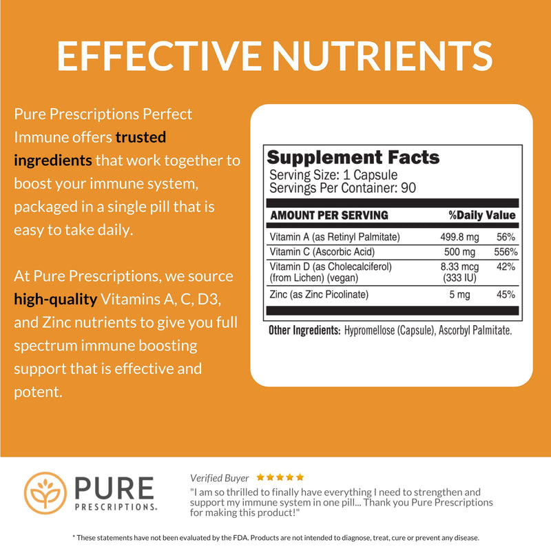Pure Prescriptions Perfect Immune – 4 in 1 Immune Support (C, D3, Zinc, A) – USA Made