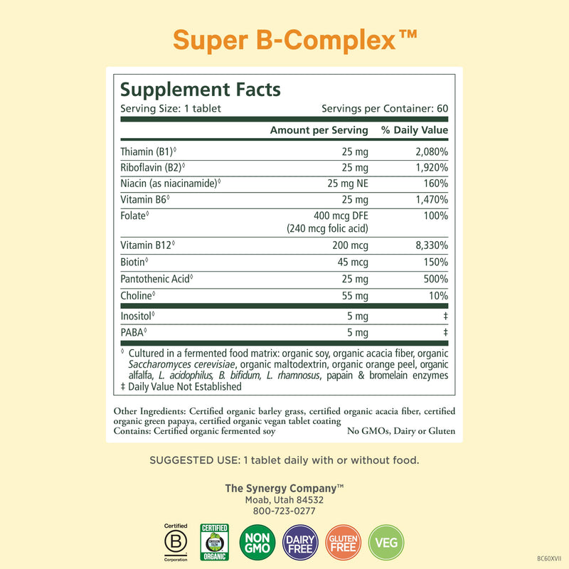 PURE SYNERGY Super B-Complex | Organic Vegan Vitamin B-Complex - 60 Tablets