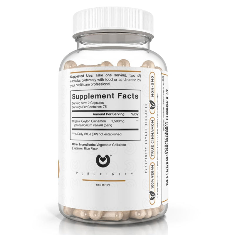 PUREFINITY Ceylon Cinnamon Capsules – 1500mg, Vegan, Non-GMO, 150 Count (75 Day Supply) Pack of 2