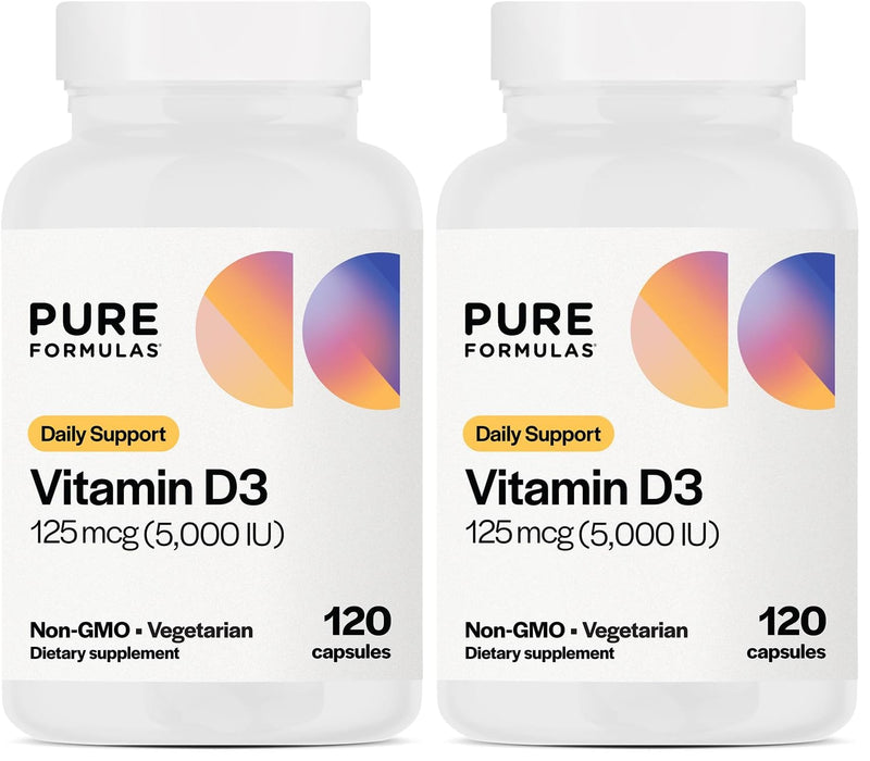 PureFormulas Vitamin D3 5000 IU (125 mcg) – 120-Count Vegetarian Capsules Pack of 2 | Non-GMO Vitamin D Supplement for Bones, Teeth & Immune Support