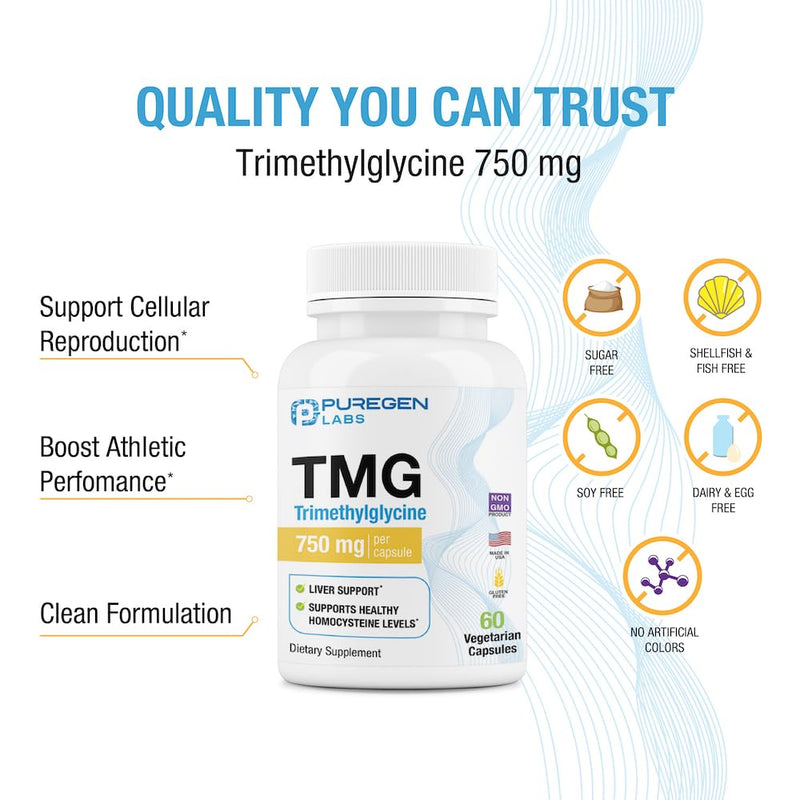 Puregen Labs TMG 750 mg – Trimethylglycine Supplement | Supports Healthy Homocysteine, Non-GMO, Gluten & Dairy Free | Made in USA – 60 Vegetarian Capsules