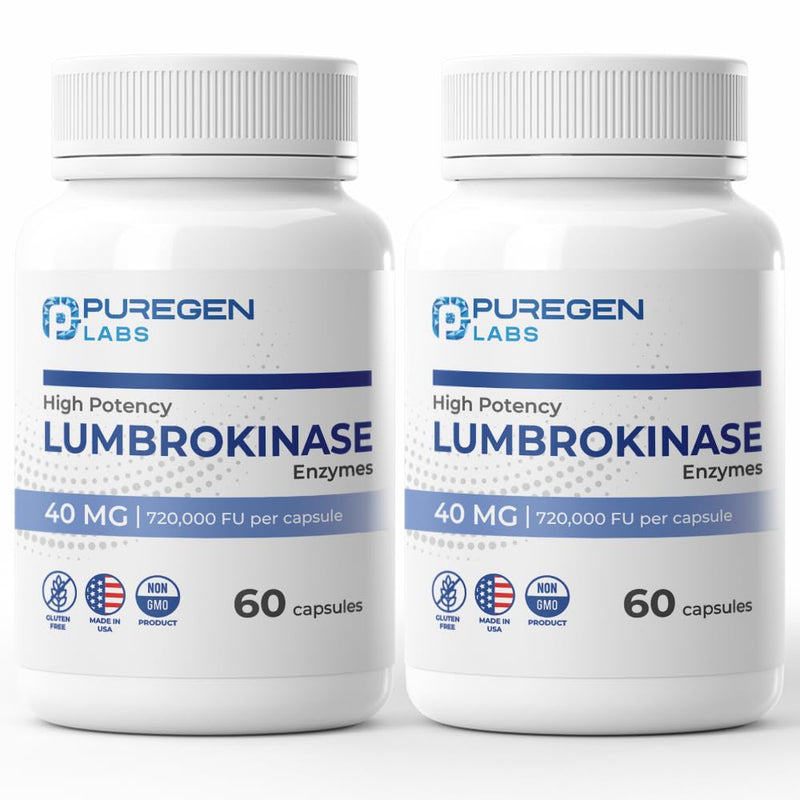 Puregen Labs Lumbrokinase 40mg per Capsule – High Potency Enzymes | Non-GMO, Gluten Free, Made in USA | 120 Vegetarian Capsules