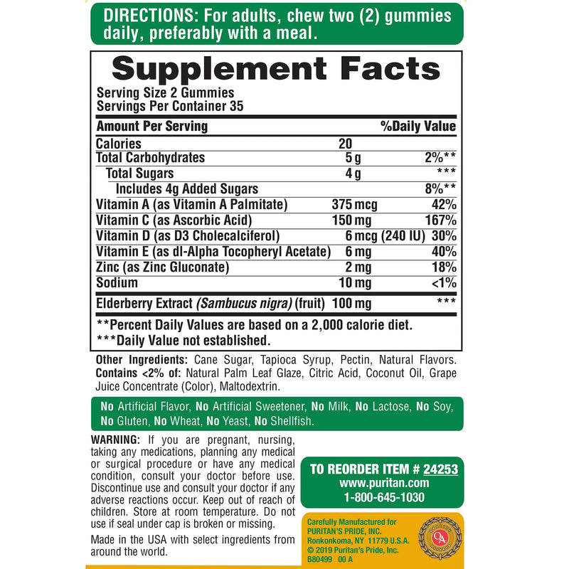Puritan's Pride Elderberry Gummies with Vitamin C, D & Zinc – 70 Count (Discontinued)