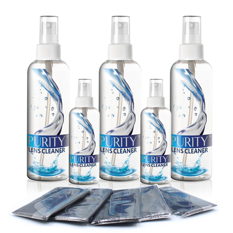 Purity Eyeglass Cleaner Mega Pack - Multi-Size Kit (2x2oz + 3x8oz) + 5 Cloths