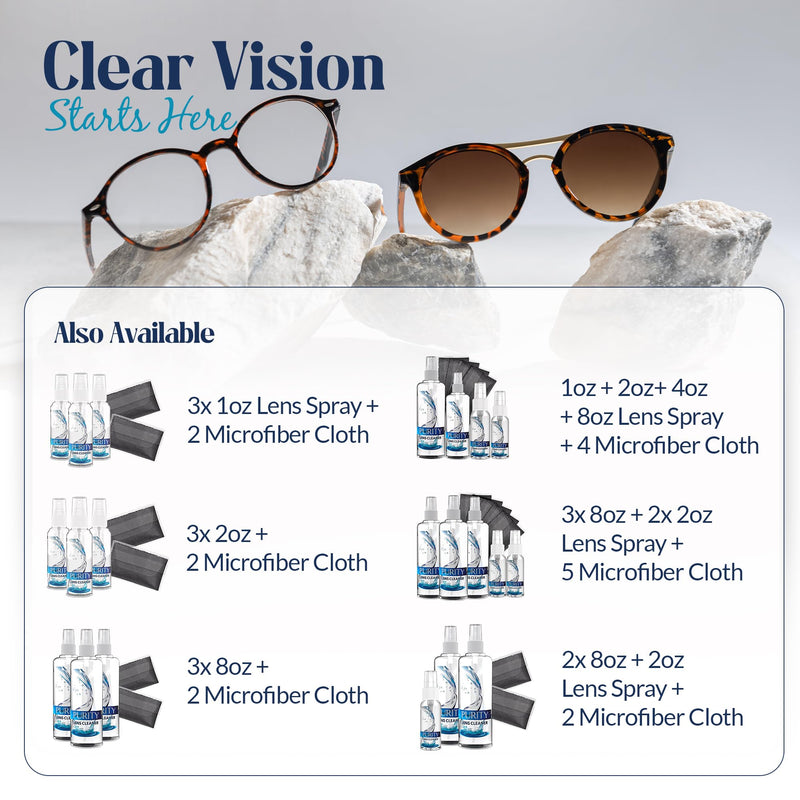 Purity Eyeglass Lens Cleaner Kit – 3 x 1oz Travel Bottles + 2 Microfiber Cloths | Safe for All Lenses
