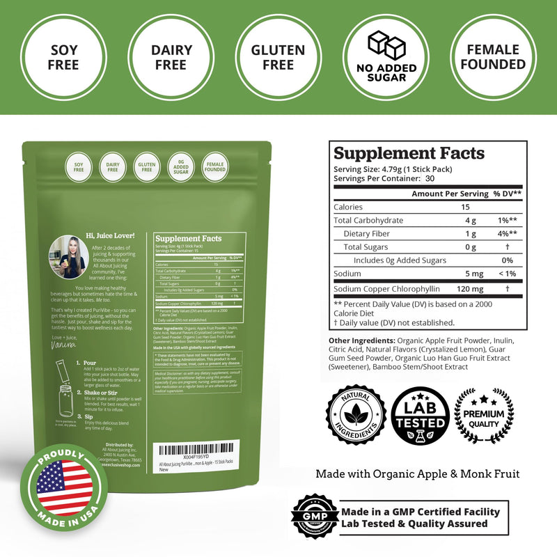 All About Juicing Chlorophyll Green Juice Shots – Clean Energy, Detox, Alkalize (30 Stick Packs)
