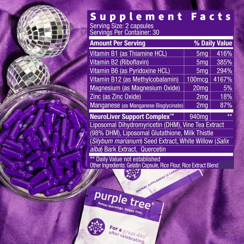 Purple Tree Post-Celebration Wellness Supplement | Liposomal DHM, Glutathione & Milk Thistle for Liver Support | 60 Capsules