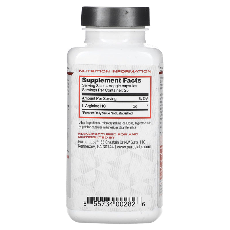 Purus Labs L-Arginine Active Amino Acid | Endurance, Pumps, & Muscle Growth | Nitric Oxide for Increased Blood Flow | 25 Servings, 100 Veggie Capsules