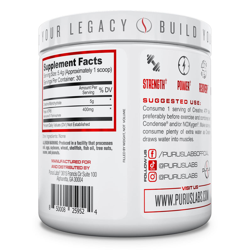 Purus Labs Creatine ATP, Peak ATP + Creatine Monohydrate, Unflavored - 30 Servings - Muscle Activation & Cellular Energy