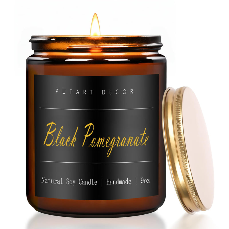 Putart Black Pomegranate Soy Candle – 9oz Amber Jar, Non-Toxic, Long-Lasting Aromatherapy Gift