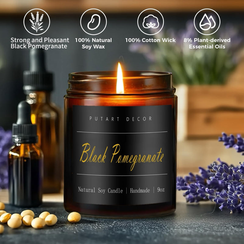 Putart Black Pomegranate Soy Candle – 9oz Amber Jar, Non-Toxic, Long-Lasting Aromatherapy Gift
