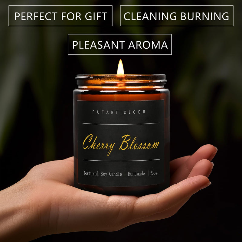 Putart Cherry Blossom Highly Scented Candle for Home, 9oz Natural Soy Aromatherapy Non Toxic Candles with Essential Oil, Home Fragrance Stress Relief & Meditation Jar Candles Gifts for Women & Men