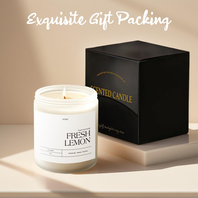 Putart Fresh Lemon 9oz Natural Soy Candle - Aromatherapy, Non-Toxic, White Jar