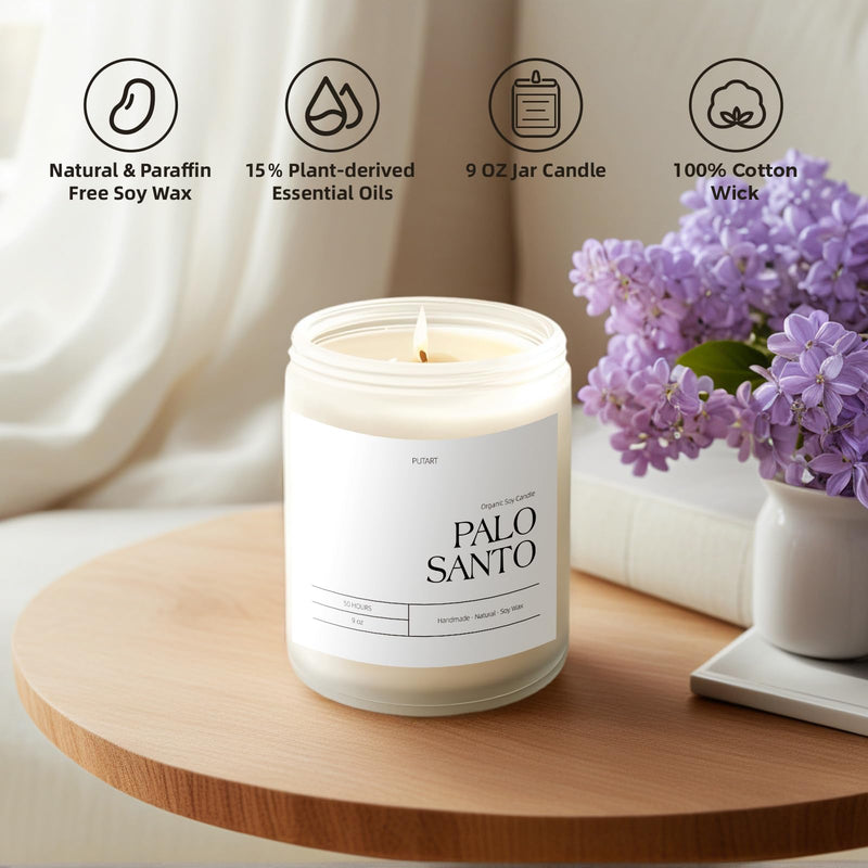 Putart Palo Santo Candle – 9oz Natural Soy Aromatherapy Jar, Stress Relief