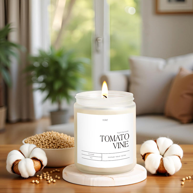 Putart Tomato Vine Candle – Natural Soy Wax Aromatherapy 9oz | Non-Toxic, Stress-Relief Jar
