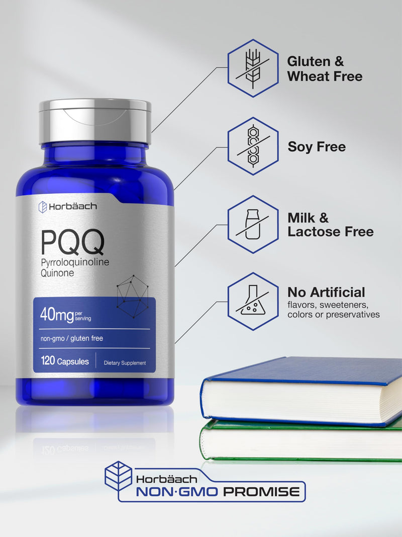 Horbäach PQQ Supplement 40 mg – 120 Capsules | Non-GMO & Gluten Free | Pyrroloquinoline Quinone Disodium Salt