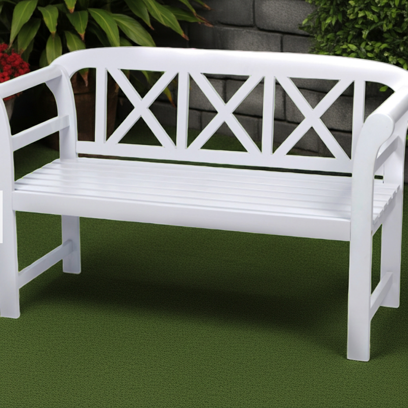 Bewdley 2-Seater Garden Bench – Solid Acacia Hardwood, Pearl White PU Painted Finish
