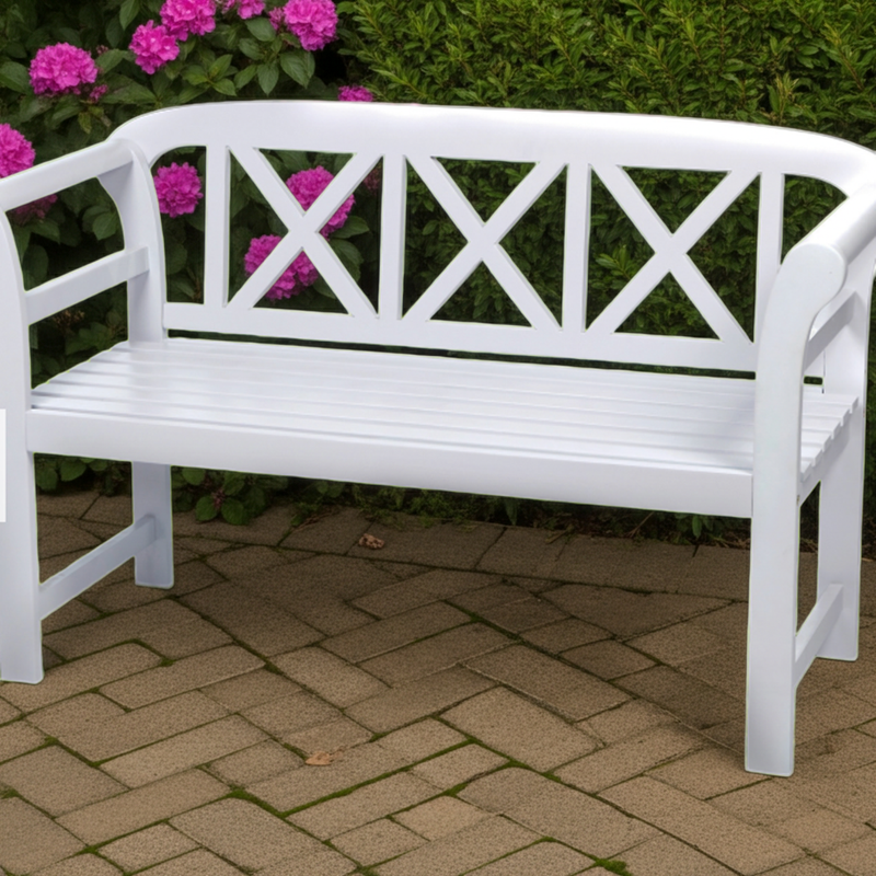 Bewdley 2-Seater Garden Bench – Solid Acacia Hardwood, Pearl White PU Painted Finish