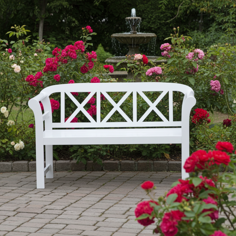 Bewdley 2-Seater Garden Bench – Solid Acacia Hardwood, Pearl White PU Painted Finish