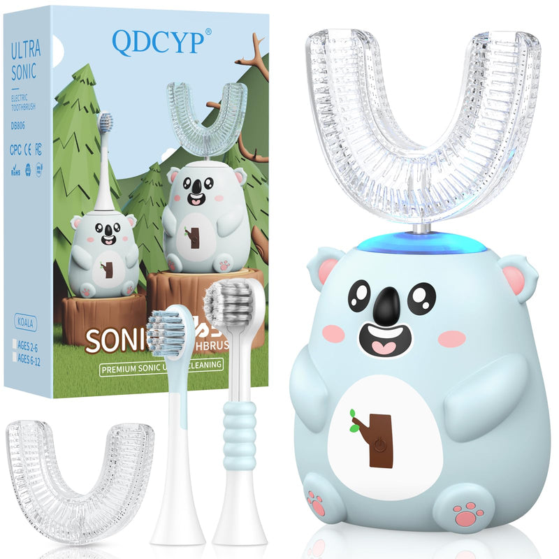 QDCYP Kids U-Shaped Electric Toothbrush – 360° Sonic Cleaning, 6 Modes, 4 Brush Heads, Koala Design (Ages 6-12, Grey Blue)