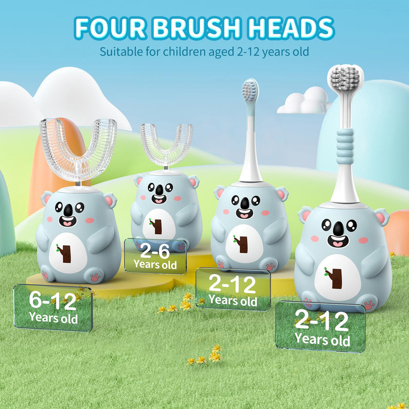 QDCYP Kids U-Shaped Electric Toothbrush – 360° Sonic Cleaning, 6 Modes, 4 Brush Heads, Koala Design (Ages 6-12, Grey Blue)