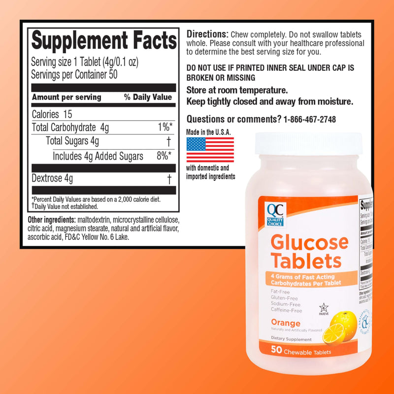 Quality Choice Fast Acting Glucose Tablets - Orange Flavor, 50 Count