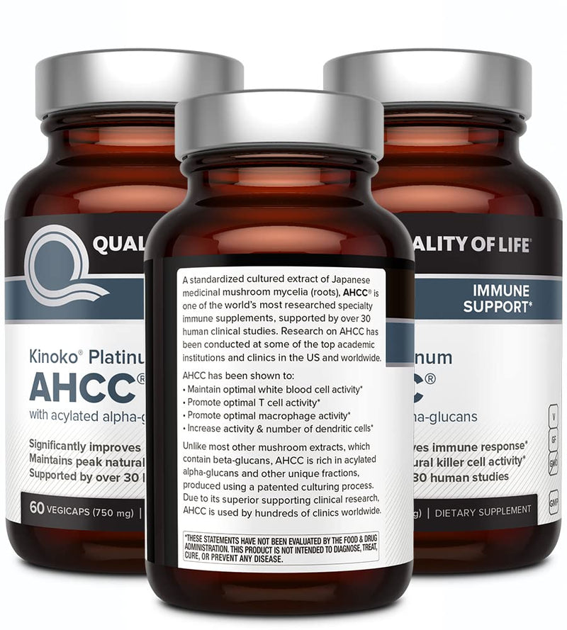 Quality of Life AHCC Kinoko Platinum 750 mg – Immune Support Pack of 3 (60 Count Bottles)
