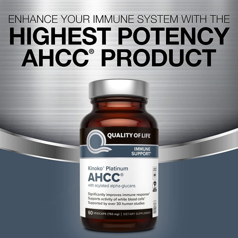 Quality of Life AHCC Kinoko Platinum 750 mg – Immune Support Pack of 3 (60 Count Bottles)