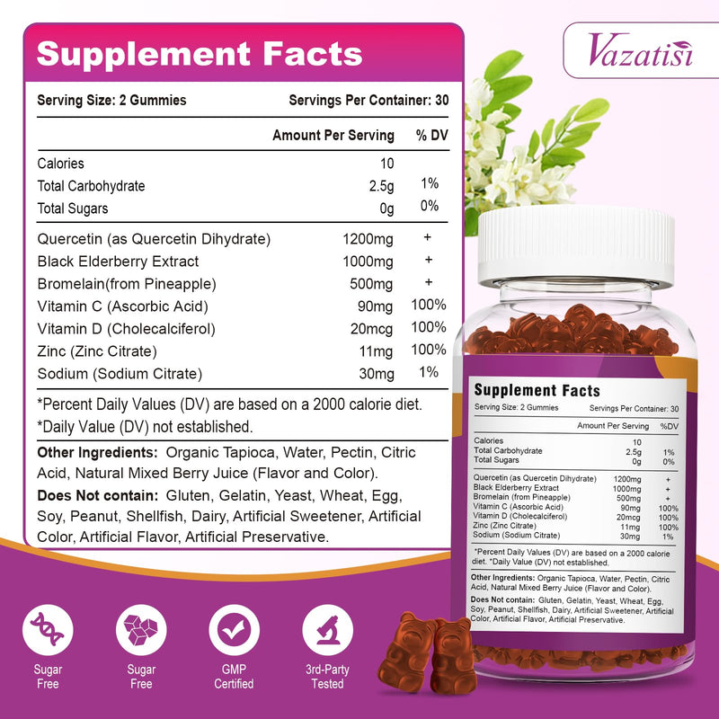 Quercetin Gummies, Quercetin with Vitamin C Zinc, Bromelain, Elderberry and Vitamin D, Immune Support Adults Kids, Women Men 120 Gummies Chewable