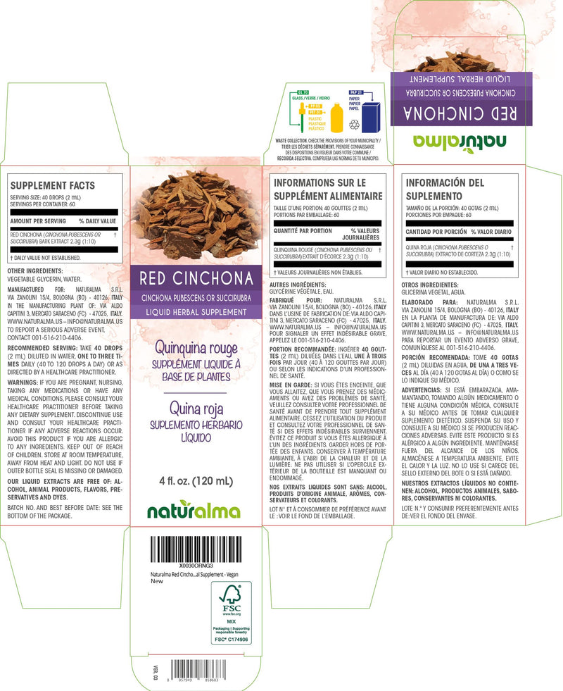 Naturalma Red Cinchona Bark Tincture - Alcohol-Free Quinine Drops 4 fl oz | Vegan, Made in Italy