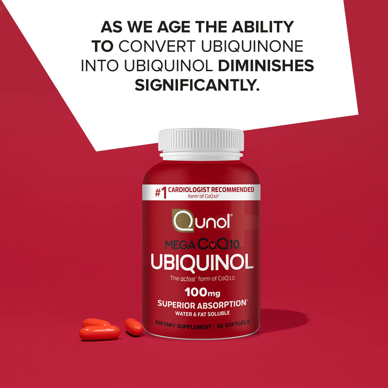 Qunol Mega Ubiquinol CoQ10 100mg – Superior Absorption, Water & Fat-Soluble CoQ10 | 60 Softgels (Pack of 2)
