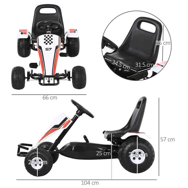 HOMCOM Kids Children Pedal Go Kart Manual Ride On Car w/Brake Gears Steering Wheel Adjustable Seat 4 Smooth Wheels Racing-Style White 104 x 66 x 57 cm