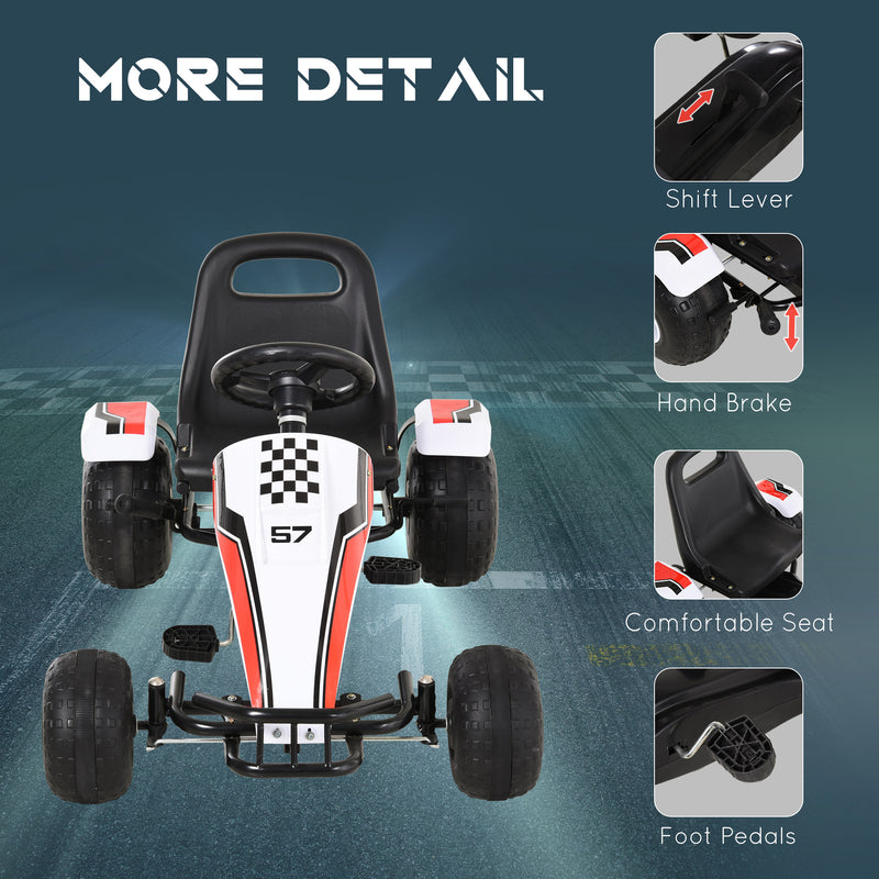 HOMCOM Kids Children Pedal Go Kart Manual Ride On Car w/Brake Gears Steering Wheel Adjustable Seat 4 Smooth Wheels Racing-Style White 104 x 66 x 57 cm