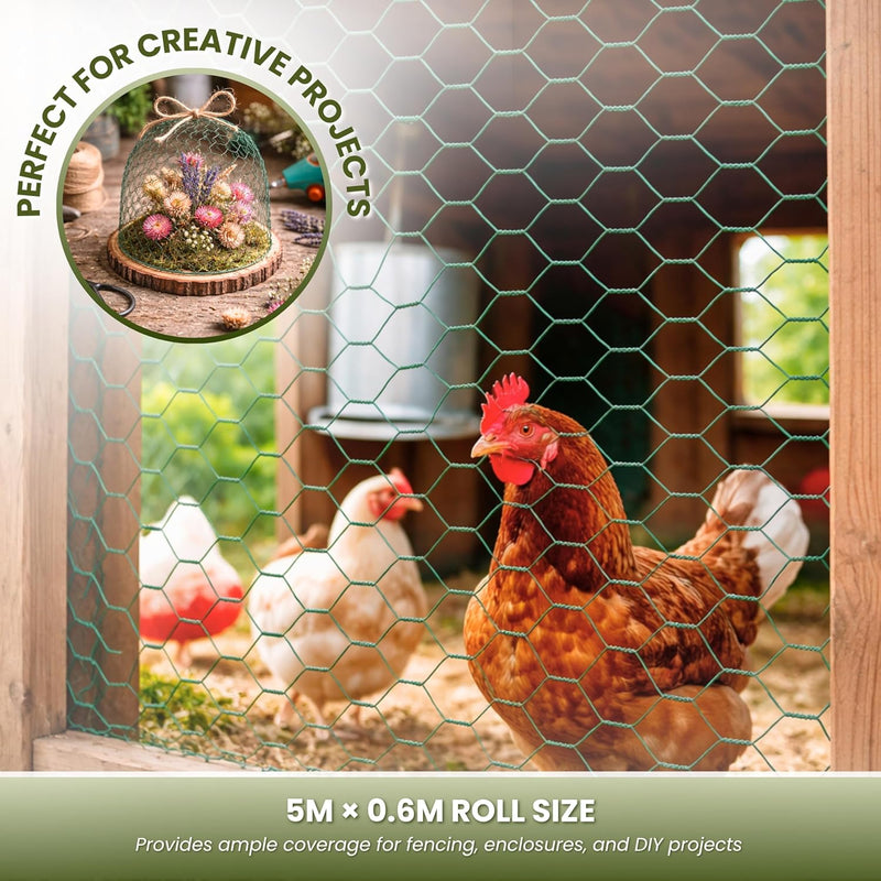 5m Green PVC Coated Chicken Wire Mesh Roll with Fixings