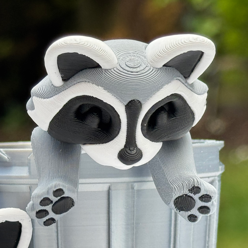 3D Printed Raccoon in a Trash Can | Articulated Desk Ornament & Unique Gift