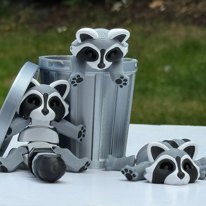 3D Printed Raccoon in a Trash Can | Articulated Desk Ornament & Unique Gift