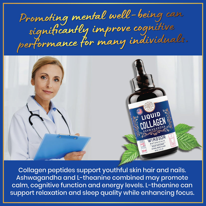 Liquid Collagen Drops with Ashwagandha & L-Theanine – 100,000 mcg, Hair, Skin & Nails, Mood & Energy – 2oz (60 Servings)