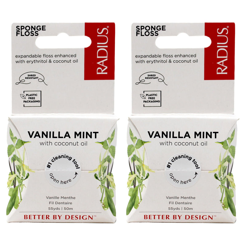 Radius Sponge Dental Floss Vanilla Mint 55 Yards – 2 Pack (Vegan, Non-Toxic)