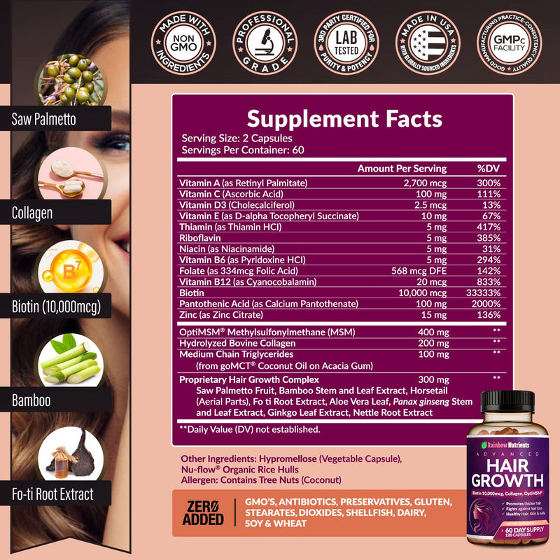Rainbow Nutrients Hair Growth Vitamins for Women – 2 Pack with Biotin 10,000 mcg, Collagen, OptiMSM, Saw Palmetto