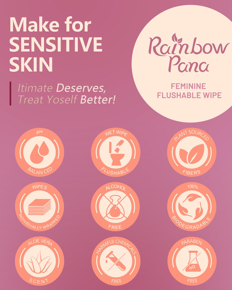 RainbowPana Feminine Wipes | 120 Count, Flushable Aloe & Vitamin-E