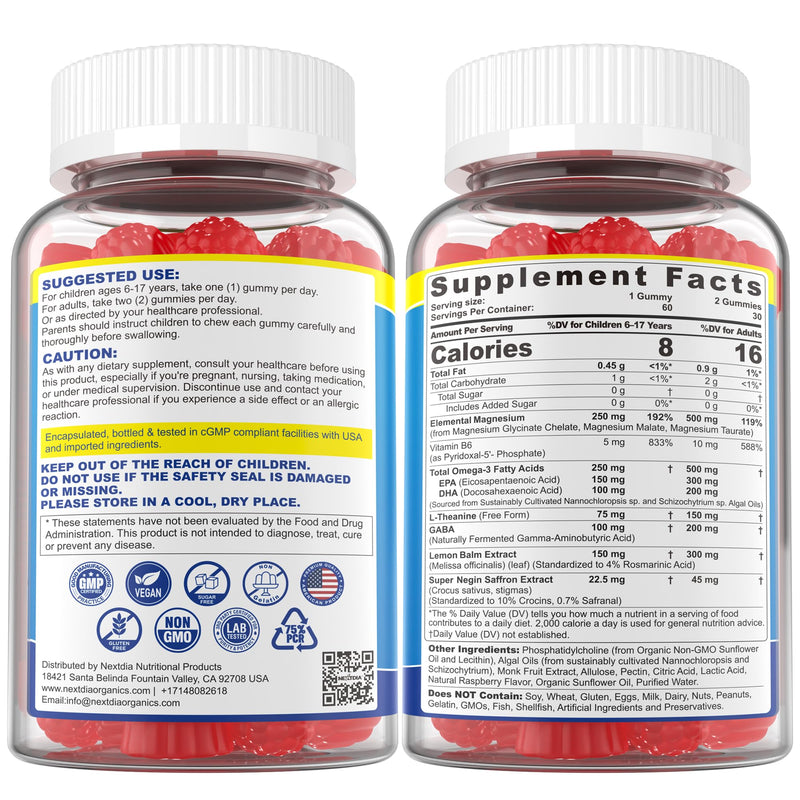 Triple Magnesium Complex Gummies for Adults & Kids 6+ – Sugar Free | Omega-3, Saffron, L-Theanine