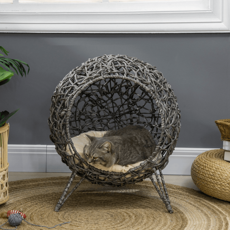 Rattan Elevated Cat House Kitten Bed Pet Furniture w/ Cushion Grey - InStock