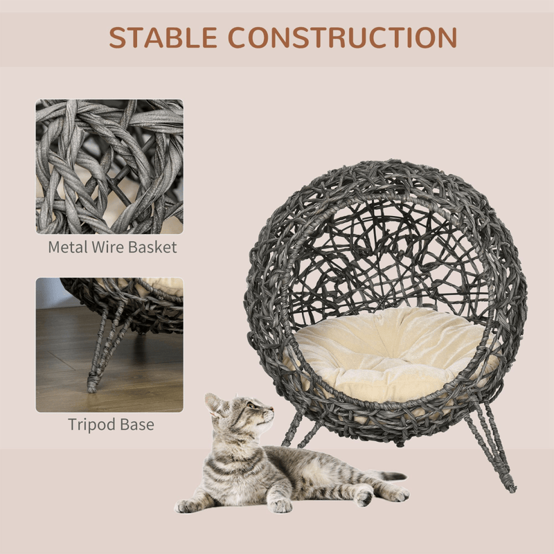 Rattan Elevated Cat House Kitten Bed Pet Furniture w/ Cushion Grey - InStock