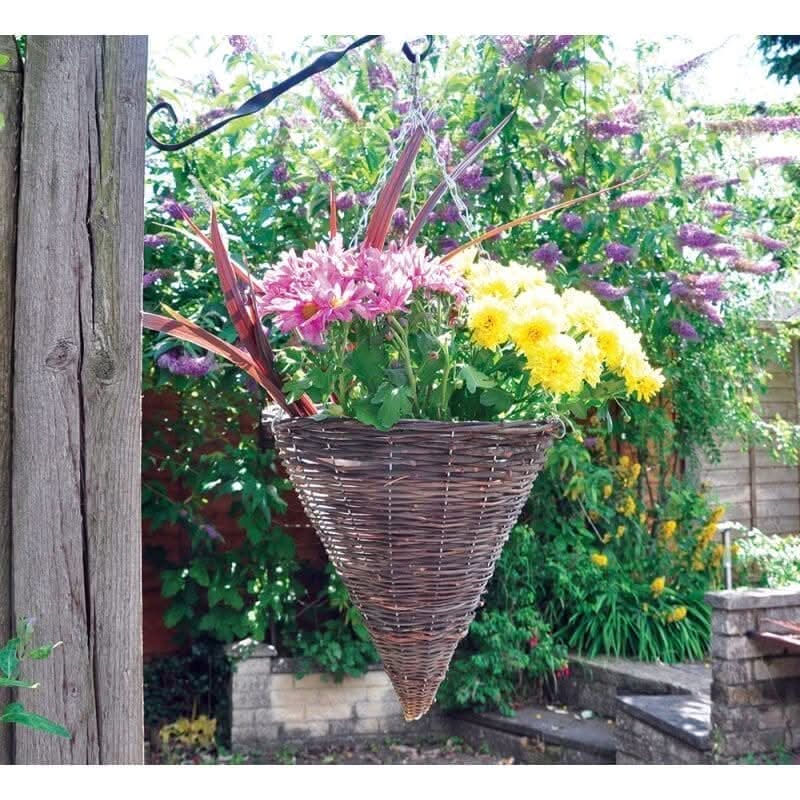 12 Inch Rope Rattan Cone Hanging Basket with Liner and Chain