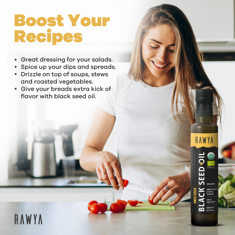 RAWYA Black Seed Oil - Organic Cold-Pressed Nigella Sativa (Turkish Origin) - USDA Organic - 2x250ml Glass