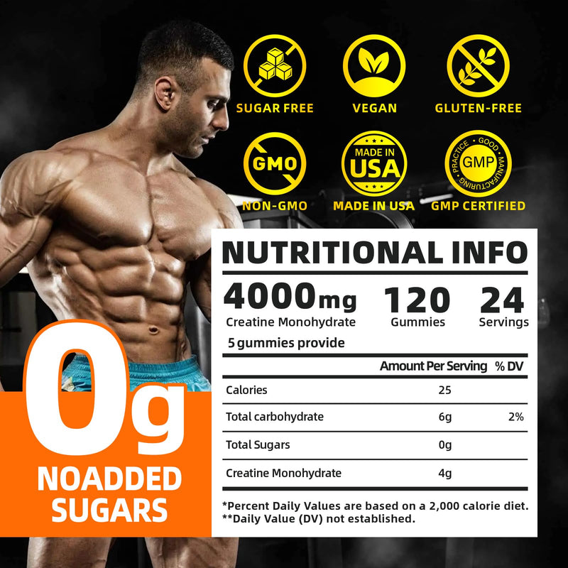Razuhu Creatine Monohydrate Gummies – 4g per Serving, Sugar Free, Vegan, Orange, 120 Count