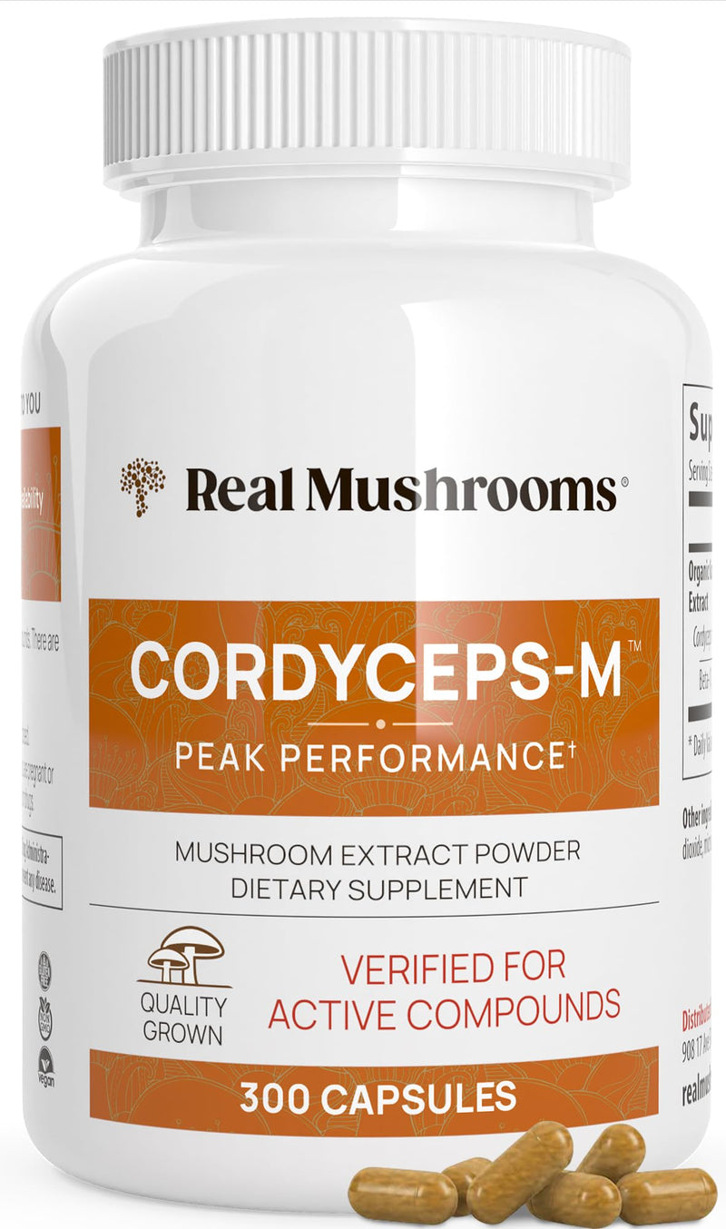 Real Mushrooms Cordyceps Capsules – Organic Cordyceps Militaris, 300 Vegan Capsules | 8% Beta-Glucans, Made in USA