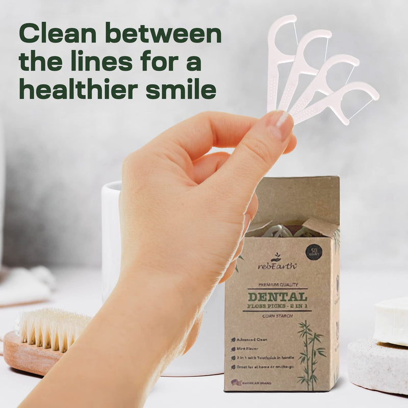 rebEarth Mint Flavored Dental Floss Picks – 200 Count, 2-in-1 Plant-Based